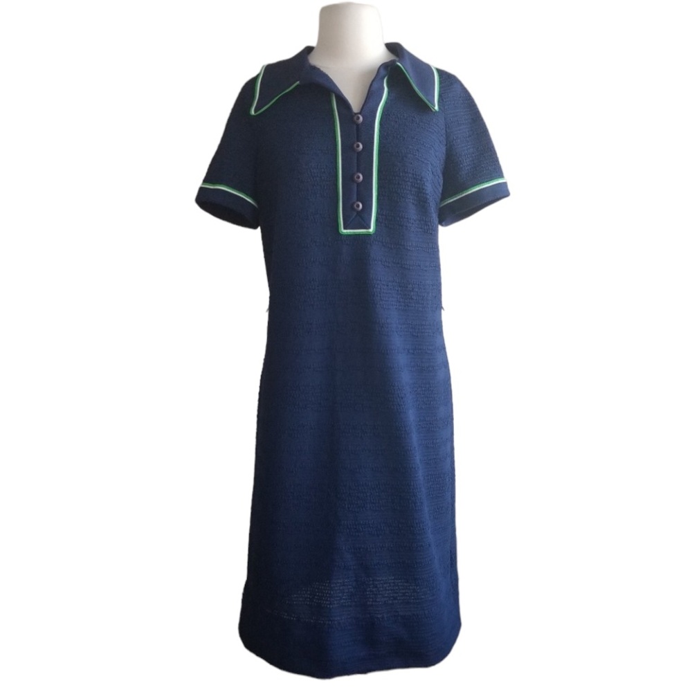 Vintage Navy Knit Midi Dress with Lime Trim Accents